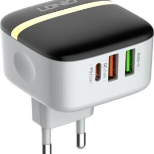 LDNIO A3513Q Super Fast Wall Charger With Dual USB/Type C Ports And Lightning Cable 32W - White