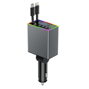M38 120W 4-in-1 Car Charger – USB + USB-C Ports, Built-In Type-C & Lightning Cables, LED Display, Fast Charging Adapter